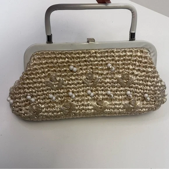 Vintage Rattan Straw Woven Purse Tan White Beaded - Picture 5 of 10